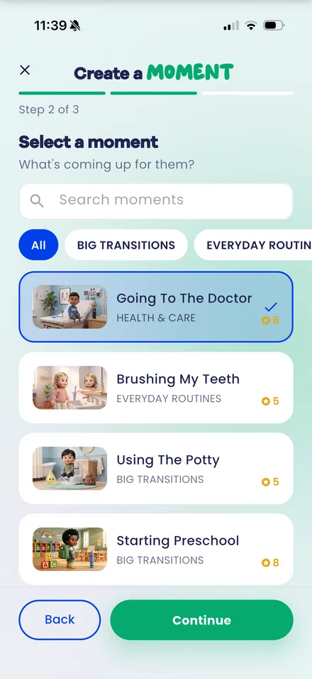 The Iniminimo app, step two of three: the moment browser, mid-selection.